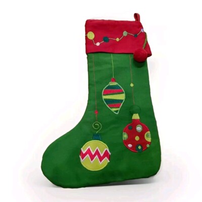 Christmas Stocking TAG LTD Green Ornament Appliques Thick 16 In Bright Colors