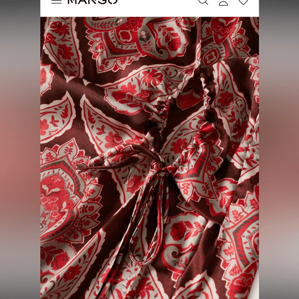 Camisa de vestir con estampado de cachemira satinada de mango midi talla 6 rojo borgoña costero boho Foto 2 de 4