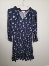 LOFT A Line Dress Women's Medium Blue Floral V Neck Drawstring Tie Waist BT2