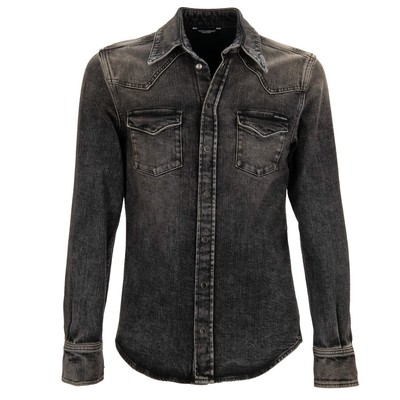 DOLCE & GABBANA DG Metall Logo Denim Jeans Druckknopf Slim Fit Hemd Grau 39 S 