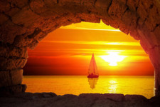 Sea cave view of sailboat sunset beach sunrise ceramic tile mural backsplash