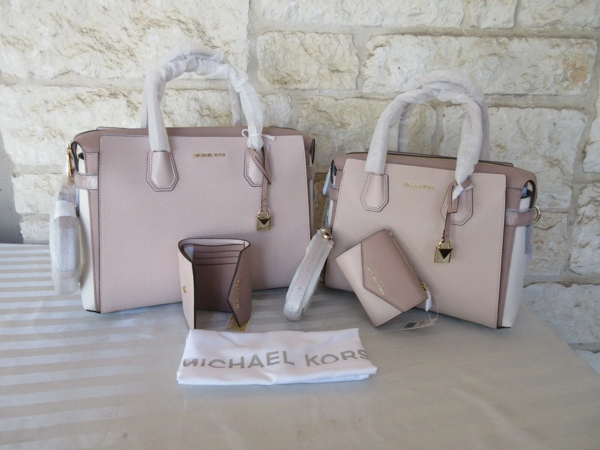 Michael Kors Mercer Medium Pink Pebbled Leather Top Zip Belted Satchel