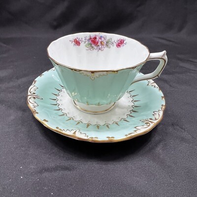 ROYAL CROWN DERBY Kendal Rose Blue Gold Trim Tea Cup & Saucer Vintage Rare Mint
