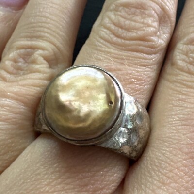 VINTAGE DESIGNER SILPADA STERLING SILVER 925 COIN PEARL HAMMERED RING