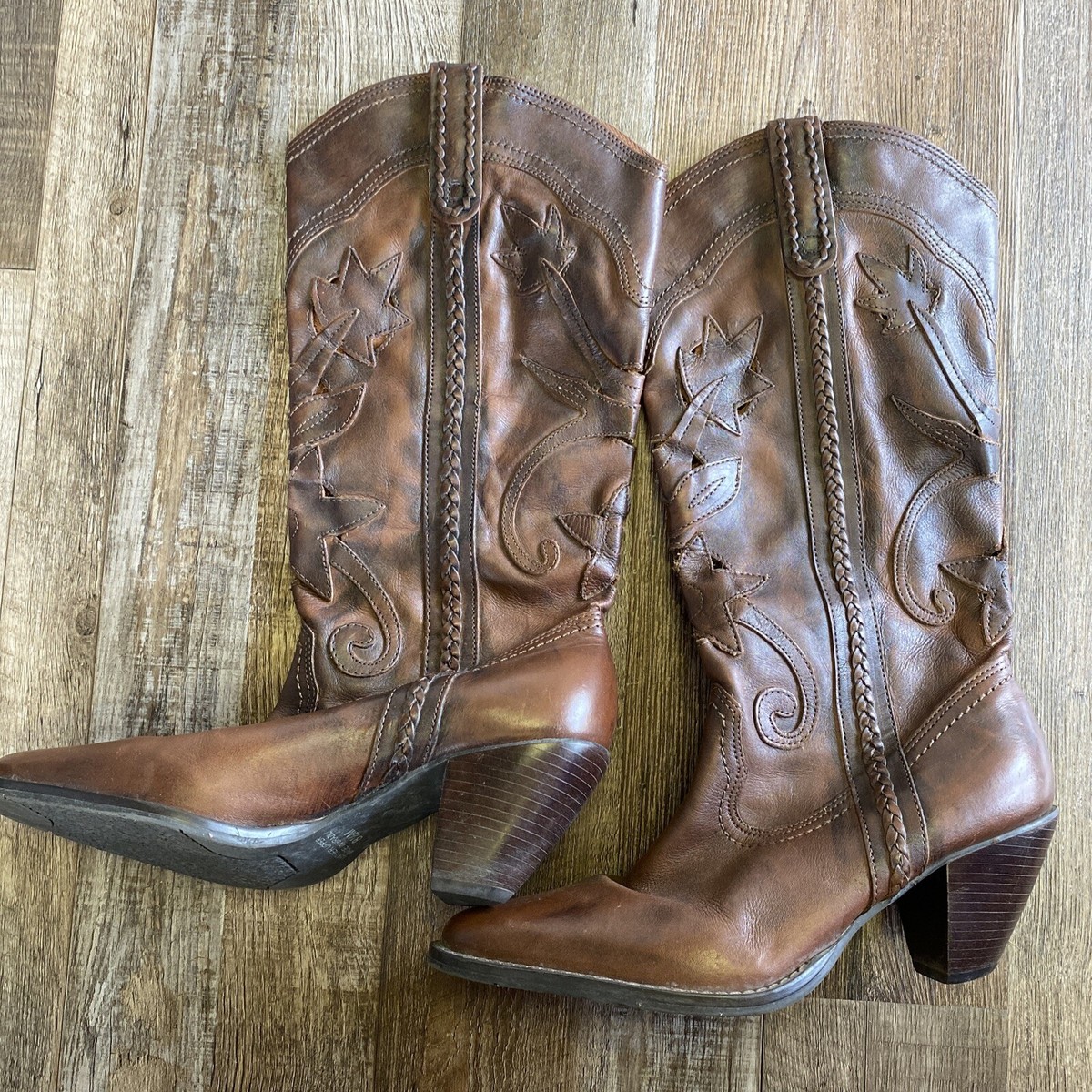 Carlos Santana Brown Leather Cowboy Western Cut Out Braids Boots