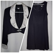 David Rose Vtg Dress Shrug Set 14 Black Crepe V-Neck Satin Collar Jewel Elegant