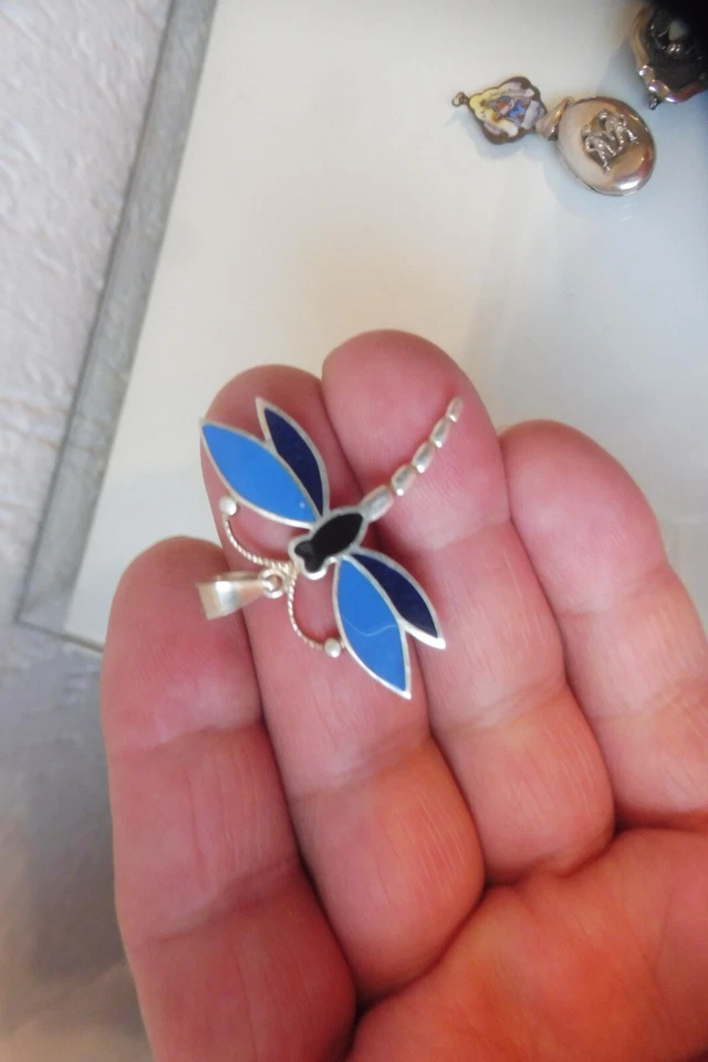 Hermoso Colgante, Libélula, Plata 925 Con Turquesa Y Ónix, Colgante De Cadena - Imagen 4 de 4