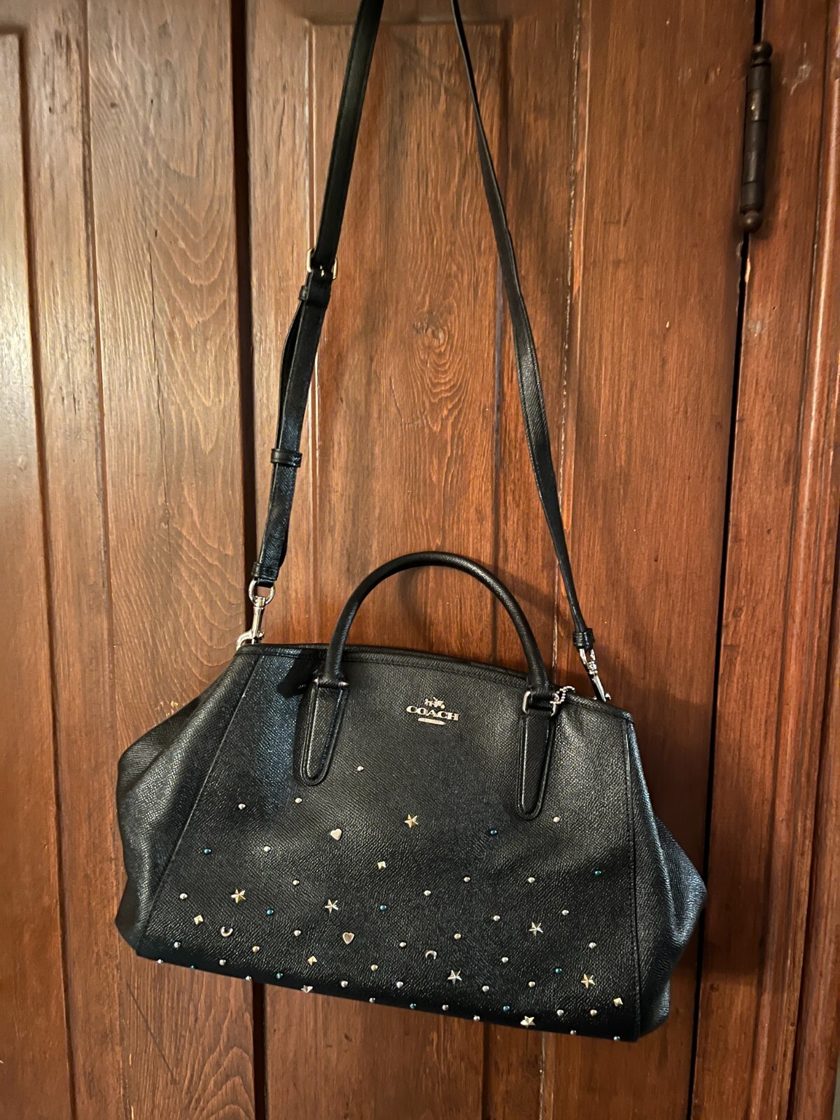 LUXURY COACH F23235 MARGOT BLACK CARRYALL SHOULDER BAG STAR, HEART, MOON STUDDED