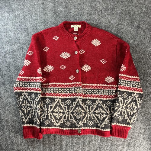 Vintage Eddie Bauer Sweater Womens Large Red Fair Isle Wool Alpaca Cardigan - Image 1