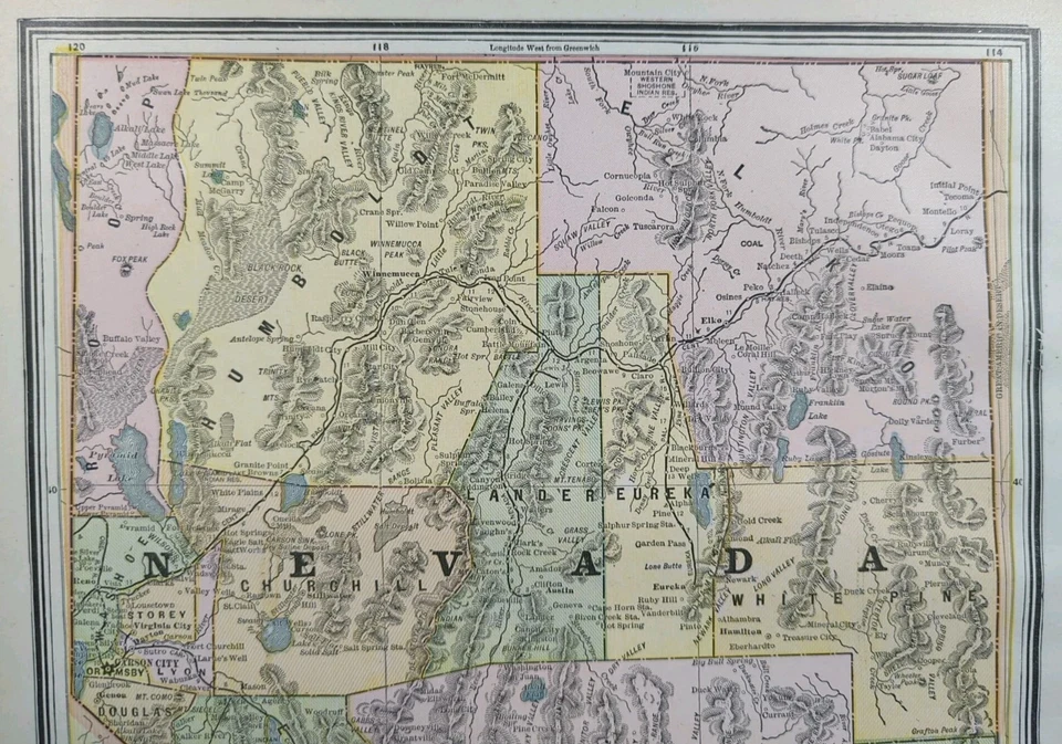 Mapa NEVADA 1887 11"x13" Antiguo Original CARSON CITY VIRGINIA CITY Foto 3 de 4