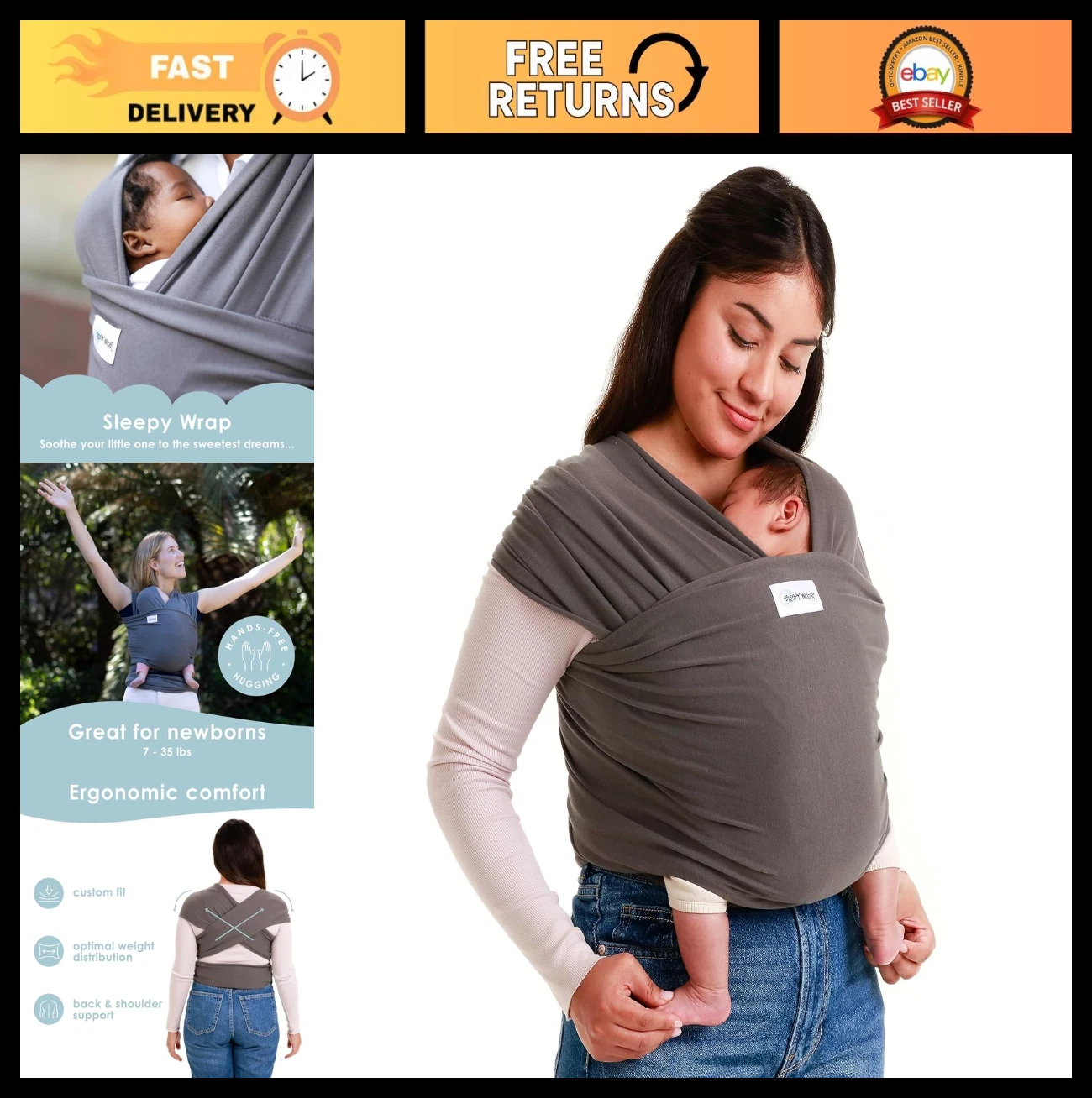 Ergonomic Stretchy Baby Carrier Sling for Newborns to Toddlers - Hands-Free Wrap