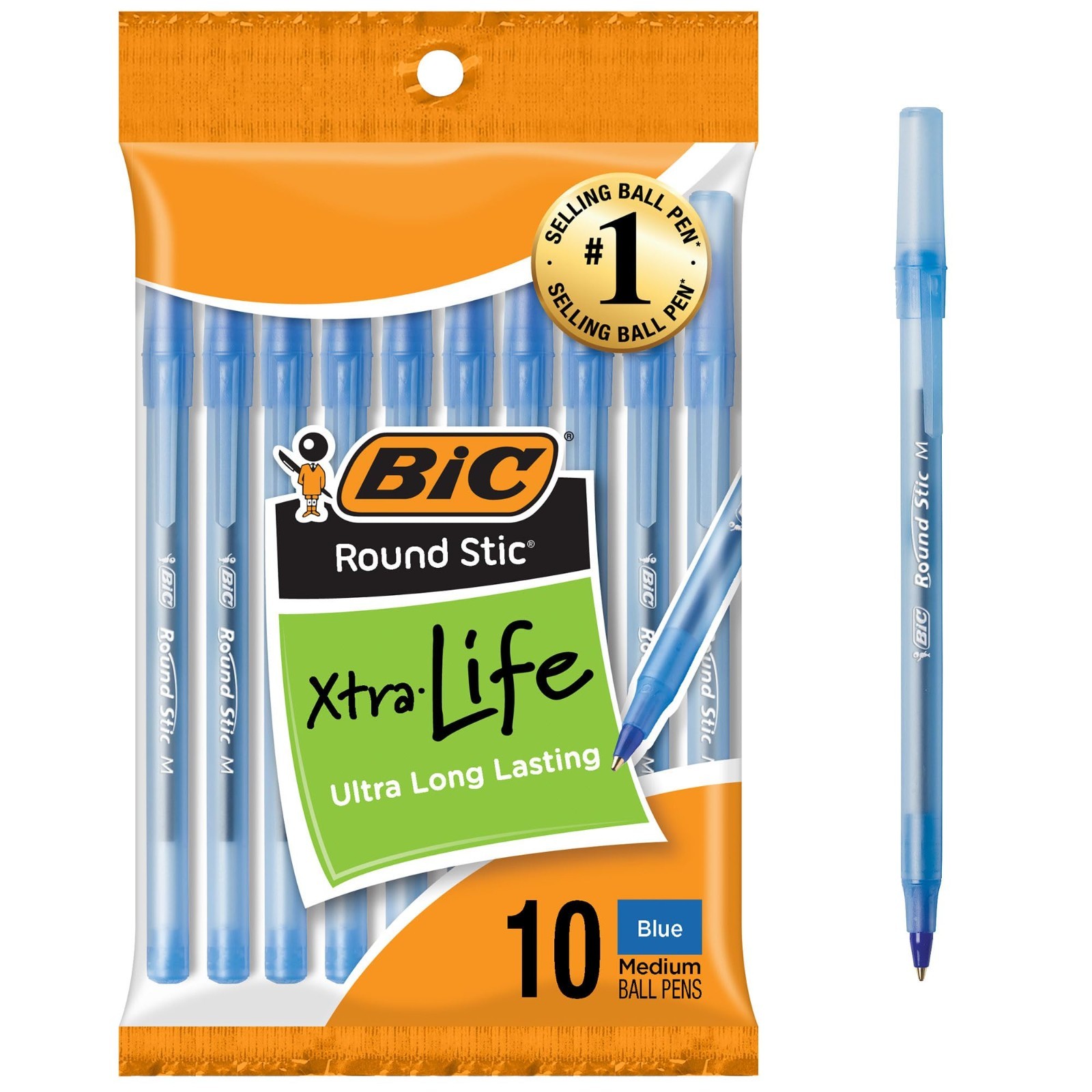 10-Count Pack BIC Round Stic Xtra Life Blue Ballpoint Pens, 