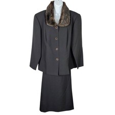 Halmode 16W Skirt Suit Black removable Faux Fur Collar Blazer vintage mod wife