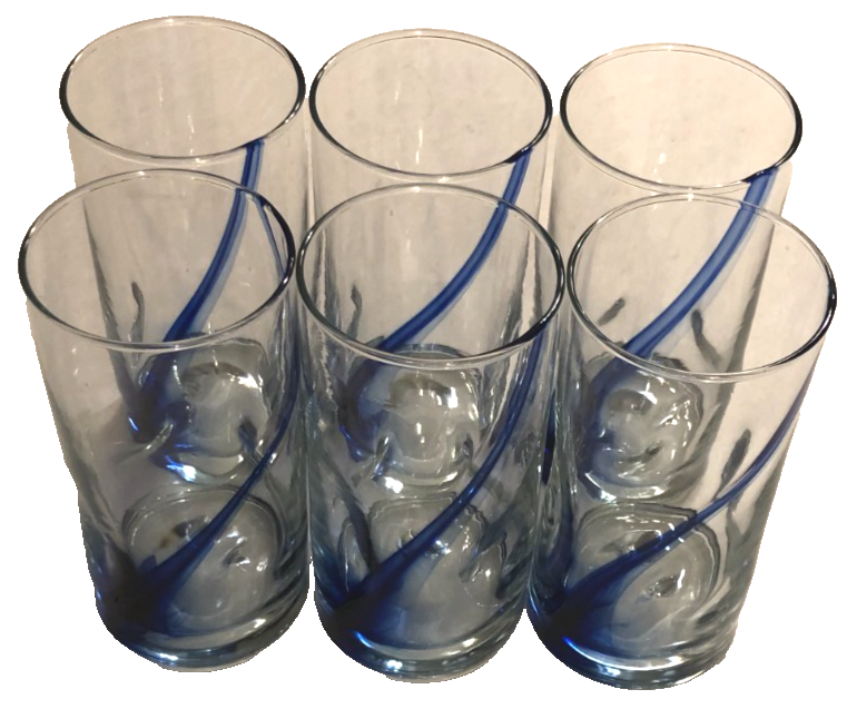 Lot 6 Libby Cobalt Blue Ribbon Impressions Drinking Tumblers Swirl Dimple Clear