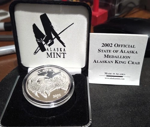 2002 Alaska Mint State Medallion 1 Oz Proof Silver Art Alaskan King Crab OGP