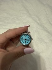 Blue Dial Face Silver Analog Quartz Ring Watch Elastic Band