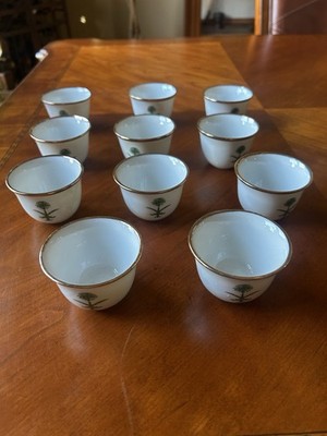 Lot Of 11Yama Shima Japan Saki Cups 1.5 Inch Porcelain White With Gold Rim