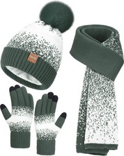 Winter Beanie Hat Scarf Gloves Set for Women, 3 PCS One Size, Green White