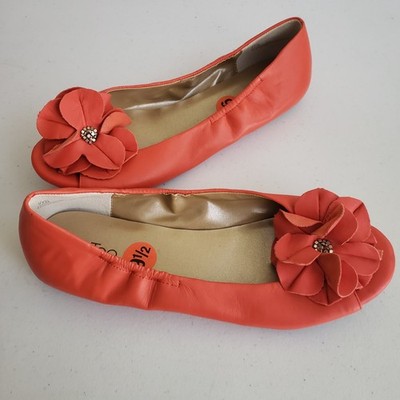 Me Too Orange Leather Rosette Open Peep Toes Ballet Flats Shoes Womens Size 9.5