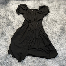 Black Puff Sleeve Lace-Up Corset Tiered Mini Dress Women's Small