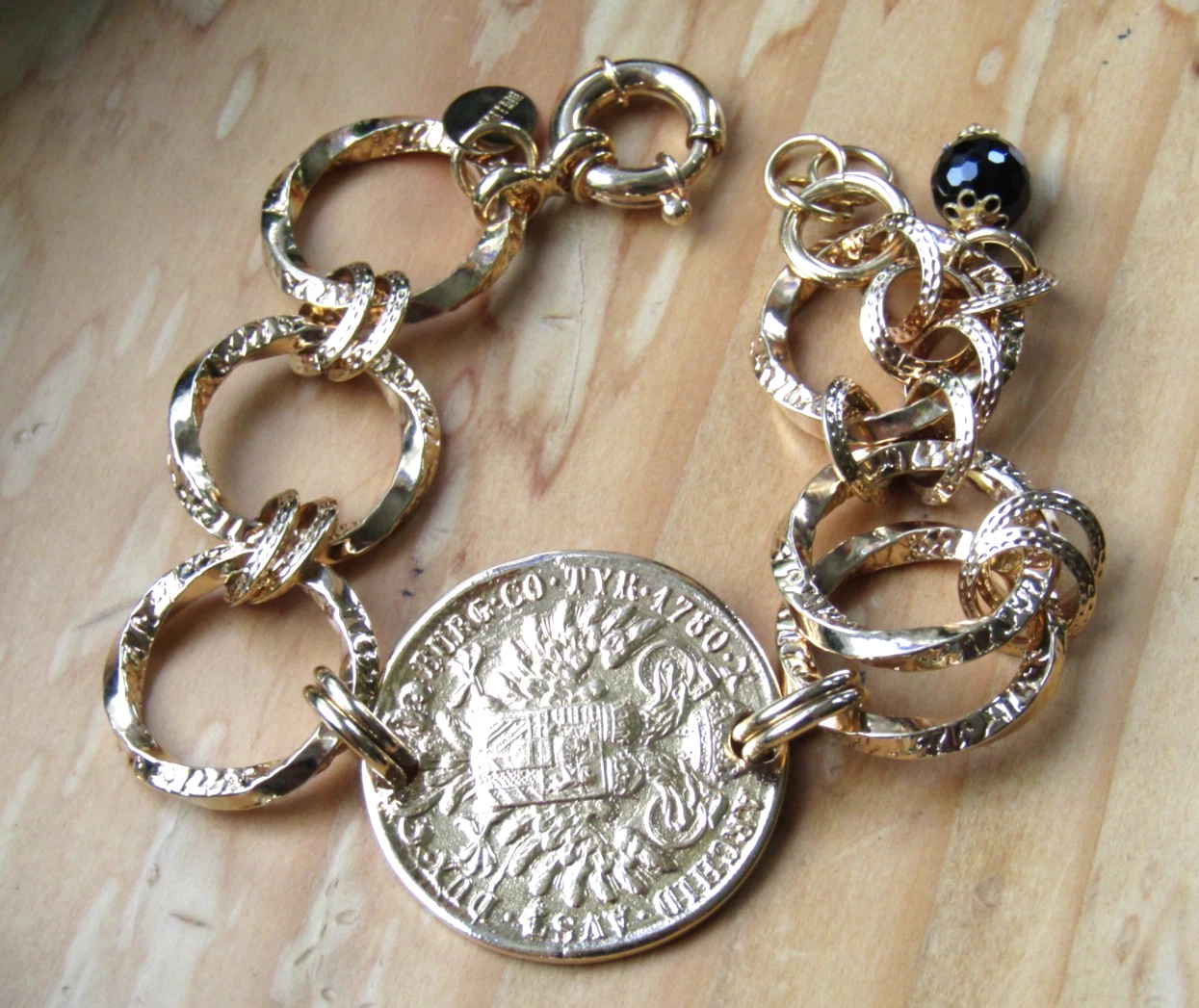 BELLEZZA LIRA COIN BRONZE CHAIN LINK BRACELET WITH FACETED BEAD CHARM 9" image 1