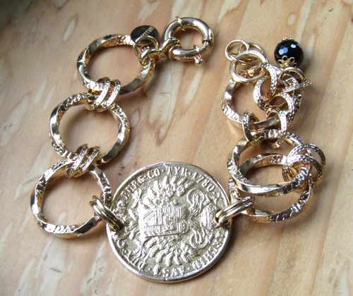 BELLEZZA LIRA COIN BRONZE CHAIN LINK BRACELET WITH FACETED BEAD CHARM 9" video thumbnail