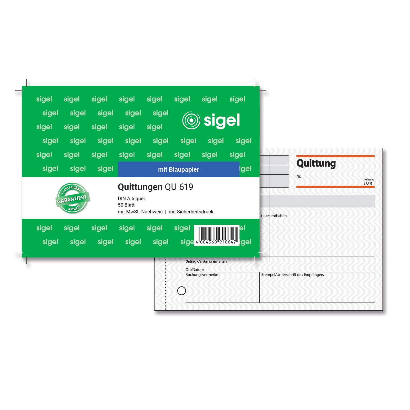 Sigel QU619 receipt block A6 transversal, 50 sheets, 1 piece 1 Items, 50 Sheets