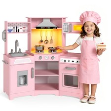 Pink Kids Corner Pretend Play Kitchen Wooden Toddler Cook Toy with Lights Sounds
