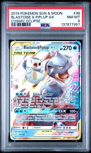 2019 POKEMON SUN & MOON COSMIC ECLIPSE #38 BLASTOISE & PIPLUP GX PSA 8