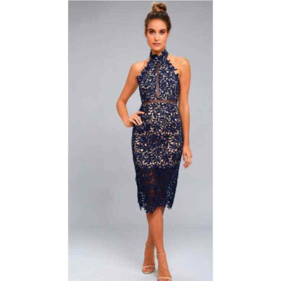 Navy Blue Lace Midi Dress | Womens | X-Small | 100% Polyester | Lulus Navy Blue Lace Midi Dress | Womens | X-Small | 100% Polyester | Lulus