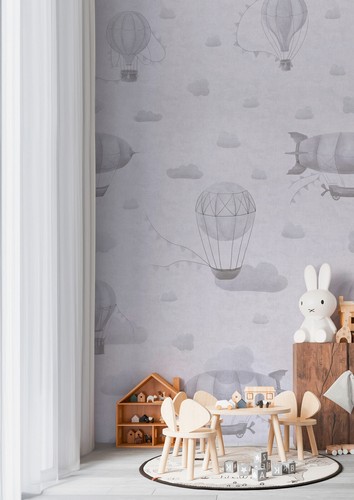 Non-woven wallpaper kids sky hot air balloon clouds grey 77061-2 (4,67£/1qm) - 第 1/3 張圖片