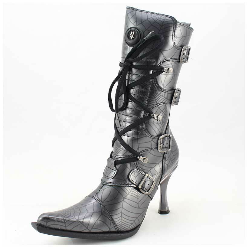 New Rock Boots Size 38 Leather Boots Gray Spiderweb Look (#3630)