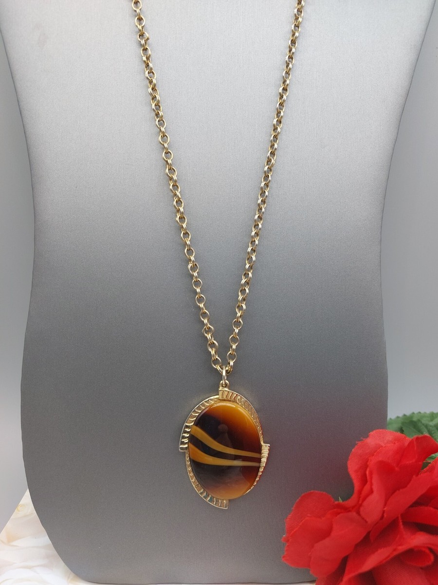 Sara Coventry Necklace Gold Tone Double Link Chain Brown Oval Pendant 24