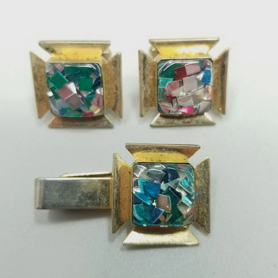 Juego de Gemelos y Clip de Corbata Anson Confetti Lucite Tono Dorado Forma de Cruz Foto 2 de 4
