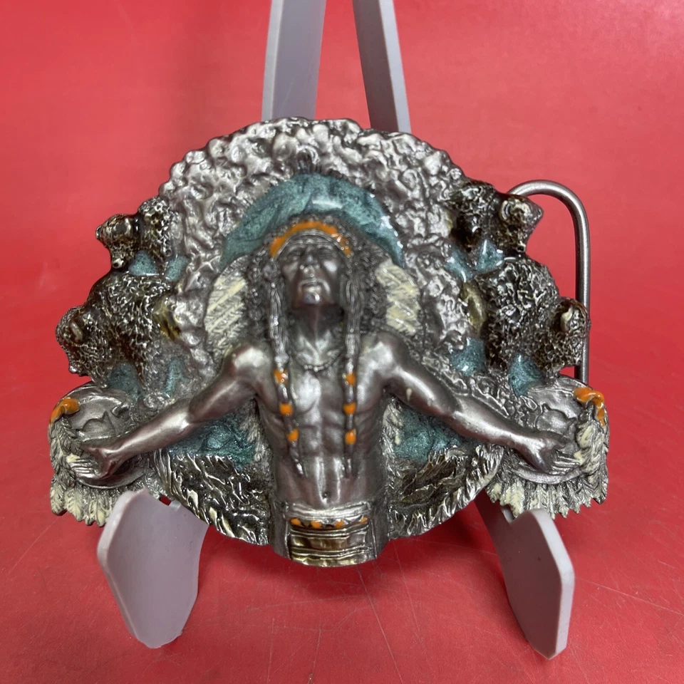 vintage 1981 belt buckle NATIVE AMERICAN indian chief SISKIYOU bergamot western - Image 2 of 4