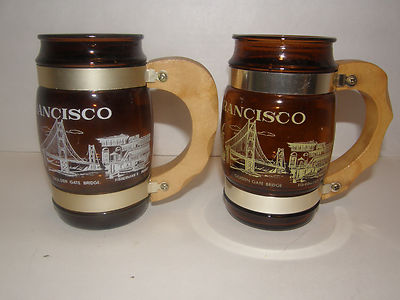 SET OF 2 VINTAGE AMBER MUGS WITH WOOD HANDLES & METAL STRAPS MADE IN USA 16  OZ | eBay