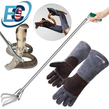 47” Snake Tongs Grabber Catcher & 16in Anti Bite Leather Gloves Animal Handling 