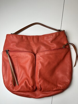 Christopher Kon Leather Slouch Purse Salmon Orange Strap Outside Zip Pockets