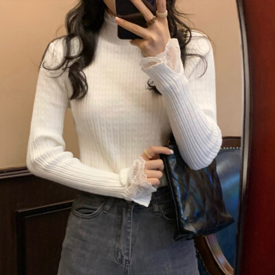Ladies Lace Edge Basic Jumper Slim Knitted Shirt Collared Pullover Top