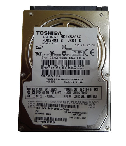 160 GB SATA TOSHIBA MK1652GSX S/N: 586QF1DDS  2,5 " #NFP1031