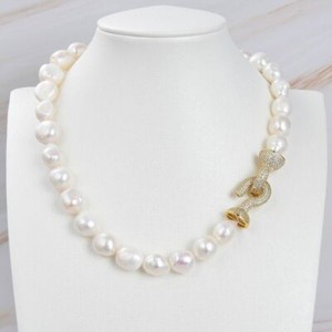 Authentic Big White Baroque Keshi Pearl Gold Plated Connector CZ Clasp Necklace For Women