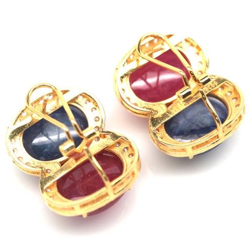 Pendientes De Zafiro Azul, Rubí Y Circonita De Plata Esterlina 925 12 X 15 Mm - Imagen 3 de 4