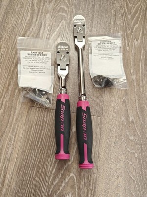Snap On Tools USA 3/8 Drive 2pc 100 Tooth Long Flex Head Soft Grip Ratchets Pink