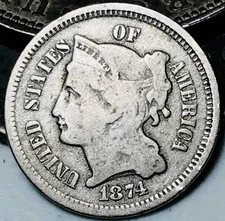 1874 Three Cent Nickel Piece 3C Ungraded Circulated US Type Coin CC23769