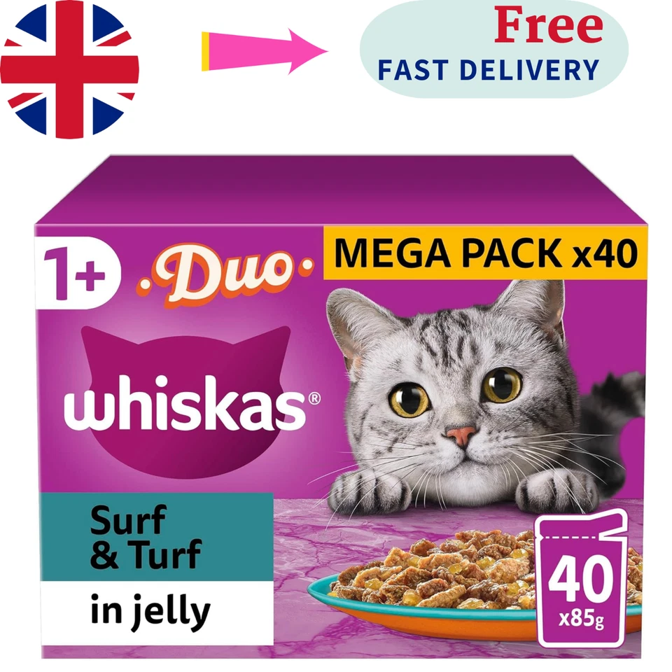 40 x 85g,40Whiskas 1+ Fish Favourites Mixed Adult Nass Katzenfutter Beutel in Gelee