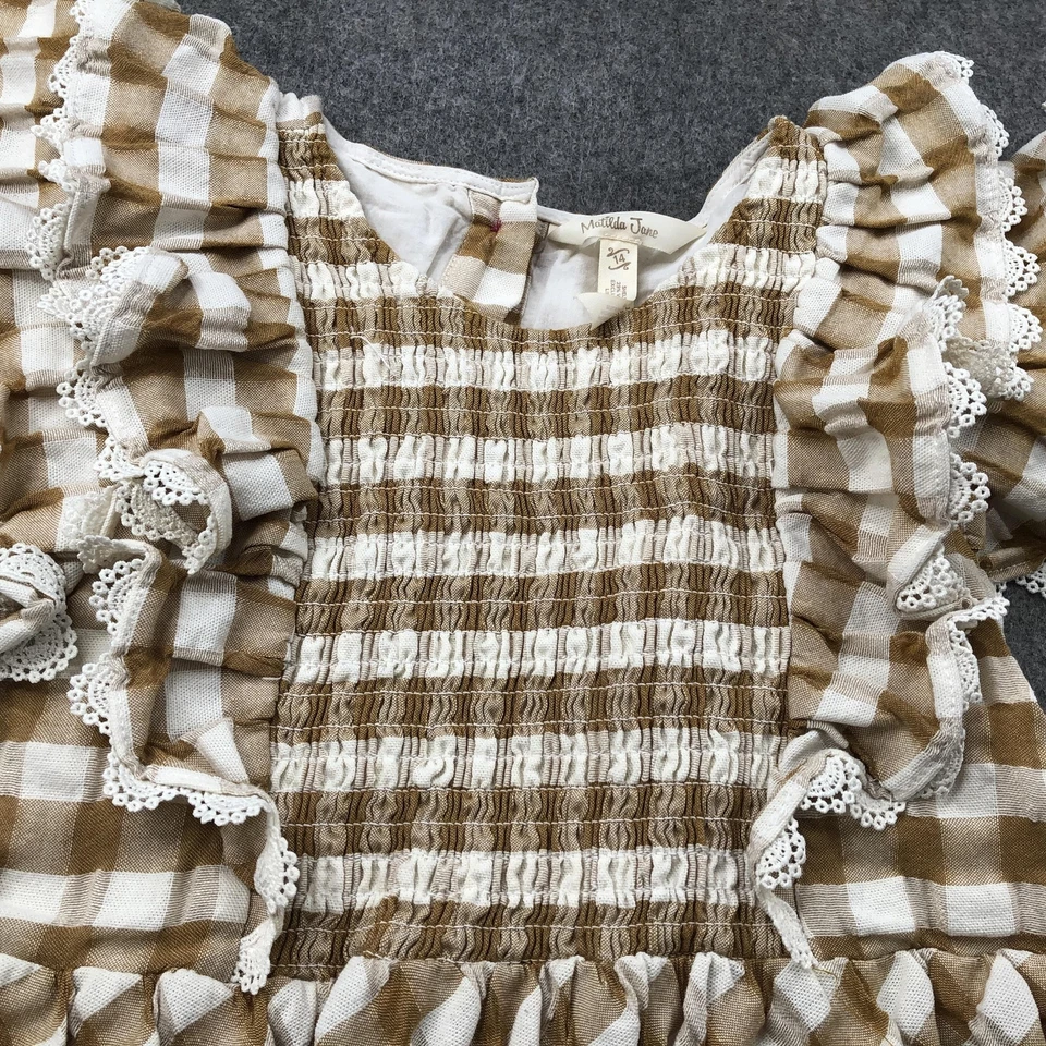 Vestido Matilda Jane Niñas 14 Marrón Blanco Guinga Volantes Encaje Manga Acampanada Foto 4 de 4