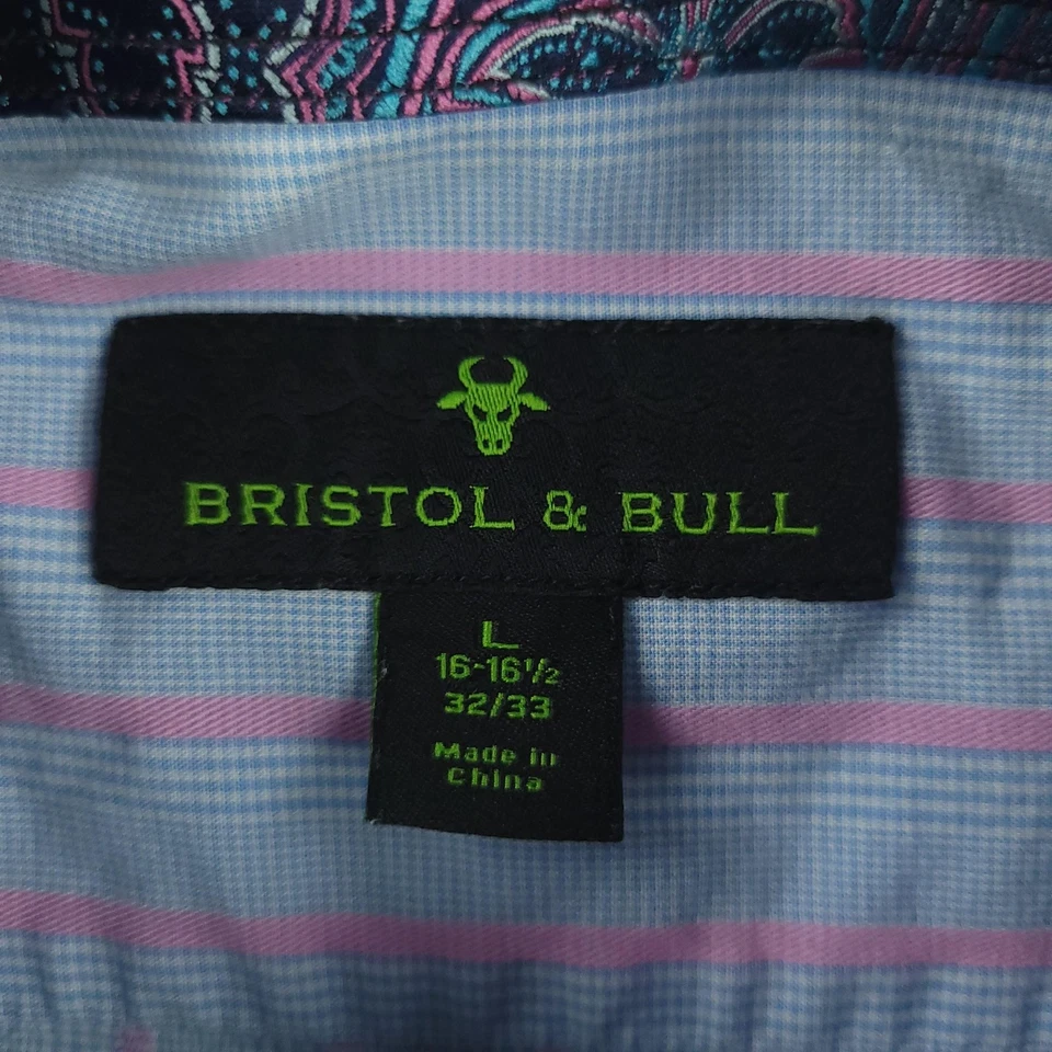 Camisa Bristol & Bull Para Hombres Grande Azul Rosa Rayas Botones Paisley Vestido Foto 4 de 4