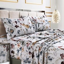 King Bed Sheet Set, 300 Thread Count Soft Cotton Sateen, Floral Print with Ex...