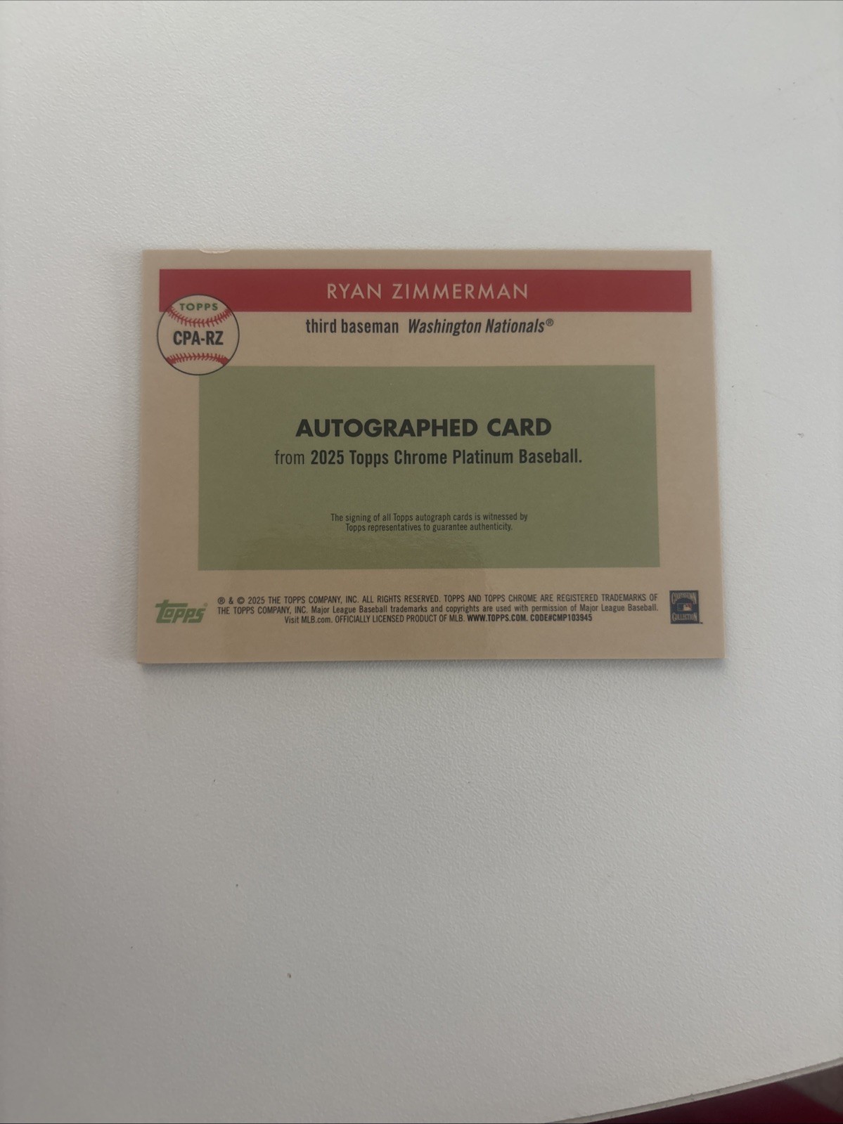 2025 Topps Chrome Platinum Ryan Zimmerman Auto Gold Refractor 33/50 view 2