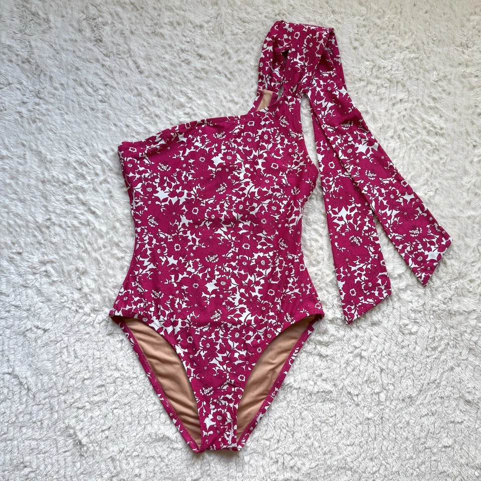 J. Crew Bow One Shoulder One Piece Swimsuit Size 6 Pink Floral Boho Retro NWOT  - Image 3 of 4